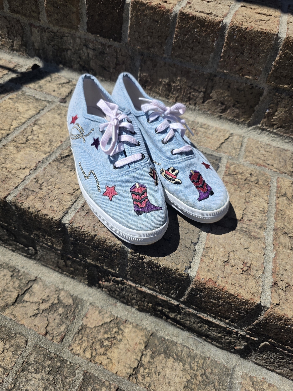 Keds Light Blue Denim Sneakers Western Cowgirl Embroidered Patches
